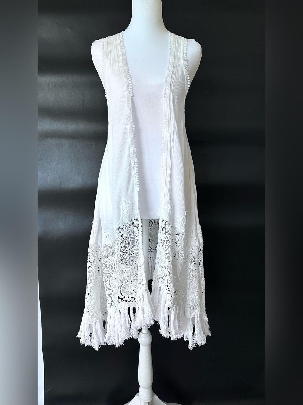 Women’s White Boho Lace Fringe Duster Vest Small Open Front Crochet Swim Cove
